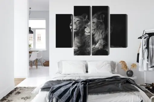 Mehrteiliges Bild Löwe Und Löwin Auf Schwarzem Hintergrund