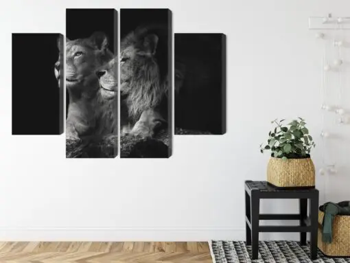 Mehrteiliges Bild Löwe Und Löwin Auf Schwarzem Hintergrund
