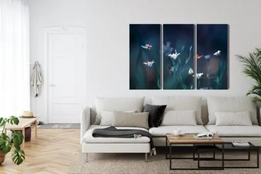 Mehrteiliges Bild Marienkäfer Und Wildblumen Im Makromaßstab