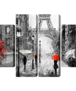 Mehrteiliges Bild Menschen Mit Roten Regenschirmen Auf Der Straße Von Paris