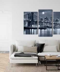 Mehrteiliges Bild Nachtpanorama Von New York Mit Dem Mond Am Himmel