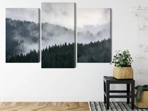 Mehrteiliges Bild Nebelhafte 3D-Waldlandschaft