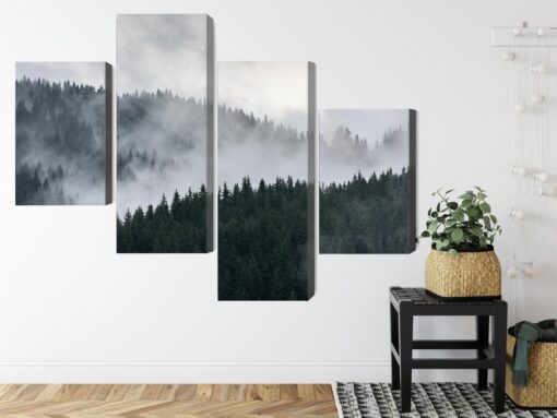 Mehrteiliges Bild Nebelhafte 3D-Waldlandschaft