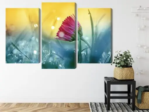 Mehrteiliges Bild Rosa Blume Auf Einer 3D-Wiese