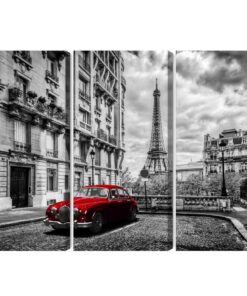 Mehrteiliges Bild Rotes Retro-Auto Auf Dem Hintergrund Des Eiffelturms