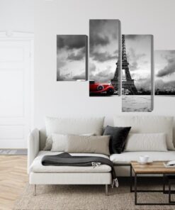 Mehrteiliges Bild Schwarz-Weiß-Blick Auf Den Eiffelturm Und Retro-Auto