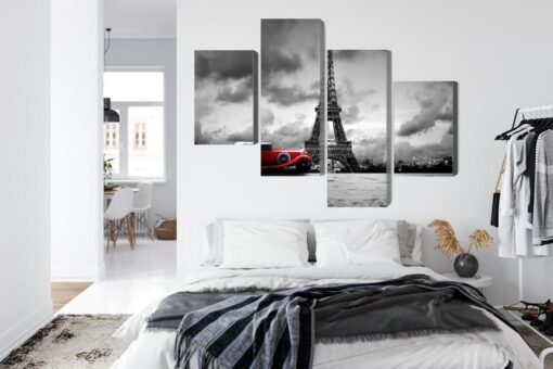 Mehrteiliges Bild Schwarz-Weiß-Blick Auf Den Eiffelturm Und Retro-Auto