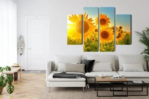 Mehrteiliges Bild Sonnenblumenfeld Bei Sonnenuntergang 3D