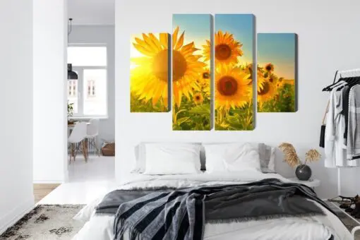 Mehrteiliges Bild Sonnenblumenfeld Bei Sonnenuntergang 3D