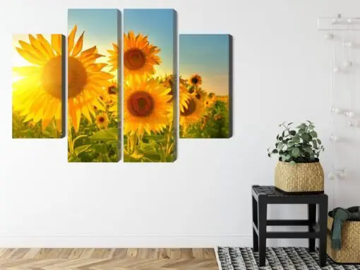 Mehrteiliges Bild Sonnenblumenfeld Bei Sonnenuntergang 3D