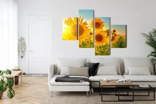 Mehrteiliges Bild Sonnenblumenfeld Bei Sonnenuntergang 3D