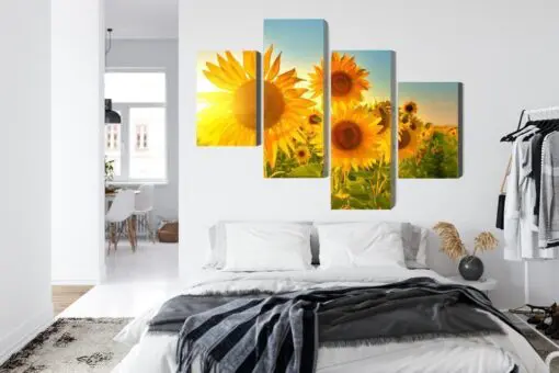 Mehrteiliges Bild Sonnenblumenfeld Bei Sonnenuntergang 3D