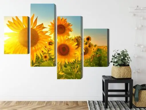 Mehrteiliges Bild Sonnenblumenfeld Bei Sonnenuntergang 3D