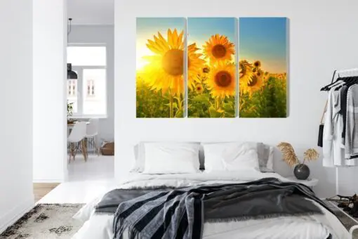 Mehrteiliges Bild Sonnenblumenfeld Bei Sonnenuntergang 3D