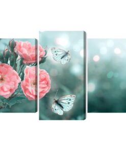 Mehrteiliges Bild Zarte Blumen Und 3D-Schmetterlinge