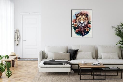 Poster Blumen Und Ein Löwe Mit Mähne