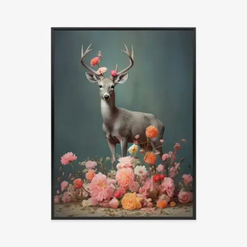 Poster Ein Hirsch Mit Geweih Und Vielen Blumen