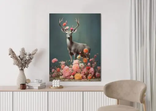 Poster Ein Hirsch Mit Geweih Und Vielen Blumen