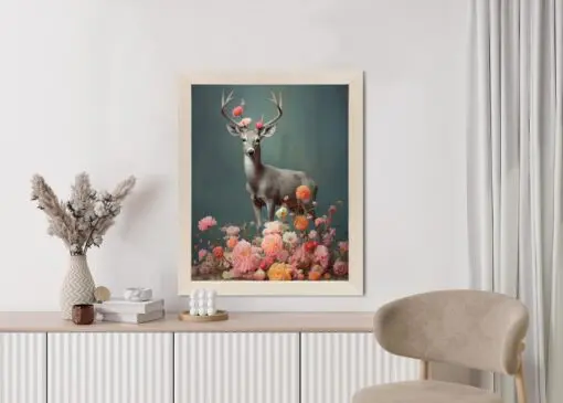 Poster Ein Hirsch Mit Geweih Und Vielen Blumen