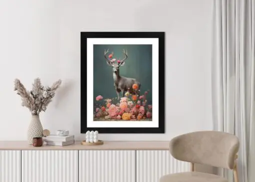 Poster Ein Hirsch Mit Geweih Und Vielen Blumen