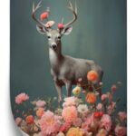 Poster Ein Hirsch Mit Geweih Und Vielen Blumen