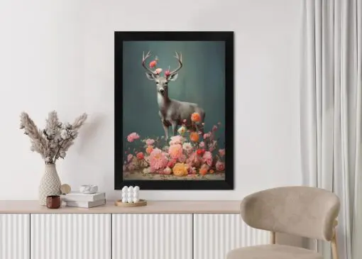 Poster Ein Hirsch Mit Geweih Und Vielen Blumen