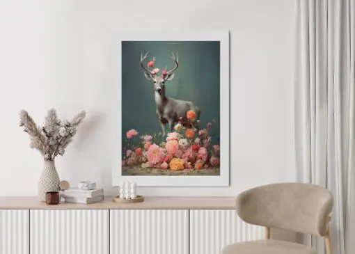 Poster Ein Hirsch Mit Geweih Und Vielen Blumen