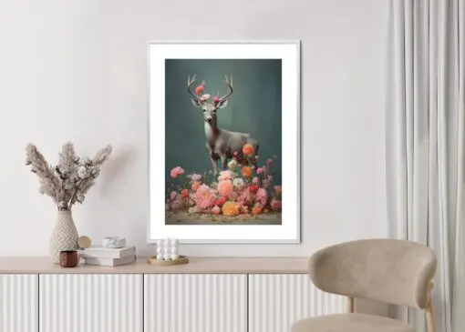 Poster Ein Hirsch Mit Geweih Und Vielen Blumen