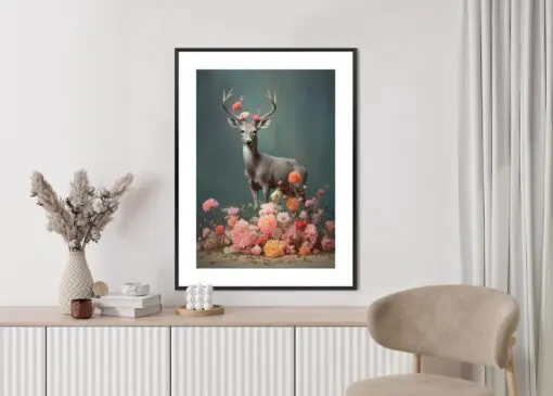 Poster Ein Hirsch Mit Geweih Und Vielen Blumen