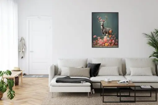 Poster Ein Hirsch Mit Geweih Und Vielen Blumen