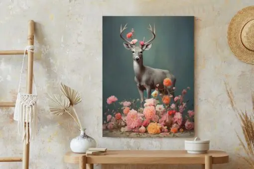 Poster Ein Hirsch Mit Geweih Und Vielen Blumen