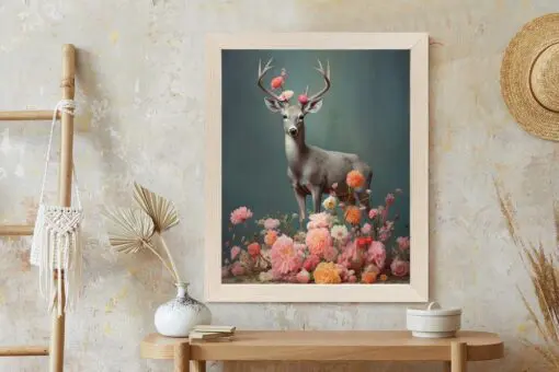 Poster Ein Hirsch Mit Geweih Und Vielen Blumen
