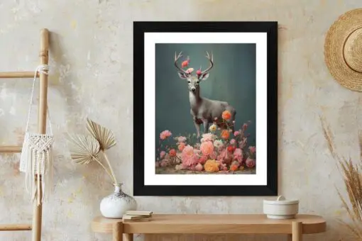 Poster Ein Hirsch Mit Geweih Und Vielen Blumen