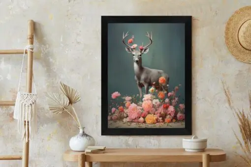 Poster Ein Hirsch Mit Geweih Und Vielen Blumen