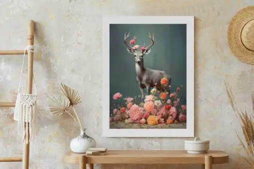Poster Ein Hirsch Mit Geweih Und Vielen Blumen
