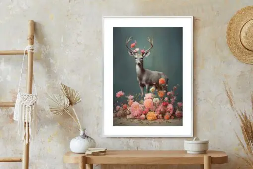 Poster Ein Hirsch Mit Geweih Und Vielen Blumen
