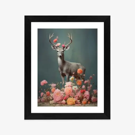 Poster Ein Hirsch Mit Geweih Und Vielen Blumen