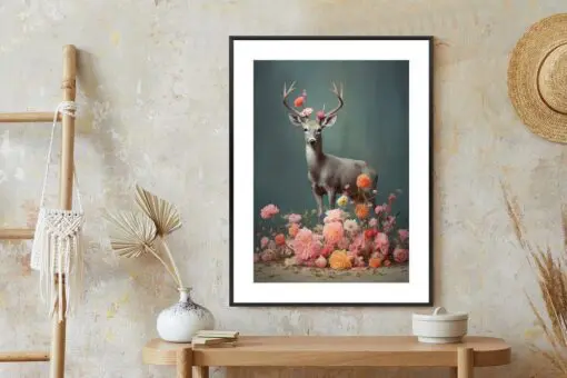 Poster Ein Hirsch Mit Geweih Und Vielen Blumen