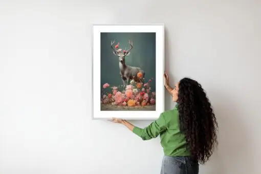 Poster Ein Hirsch Mit Geweih Und Vielen Blumen