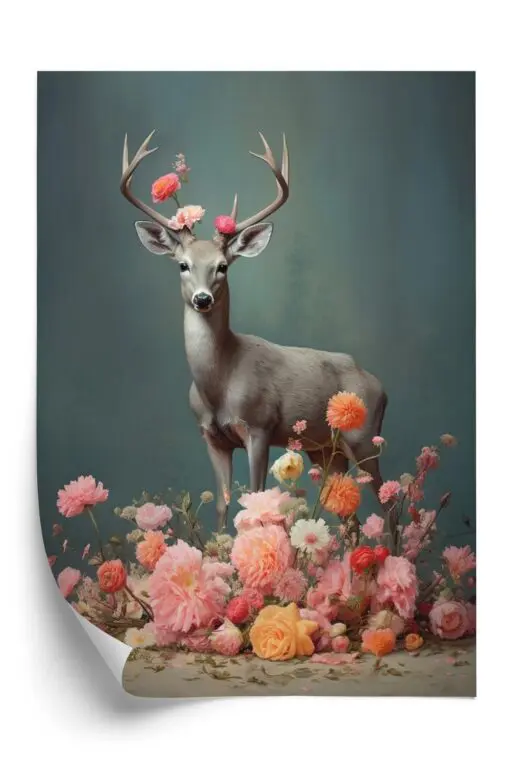 Poster Ein Hirsch Mit Geweih Und Vielen Blumen