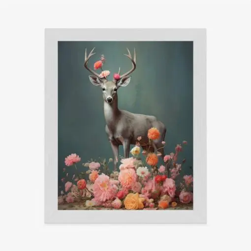 Poster Ein Hirsch Mit Geweih Und Vielen Blumen