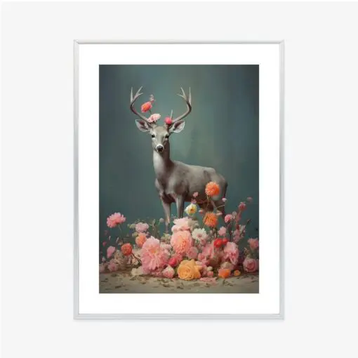 Poster Ein Hirsch Mit Geweih Und Vielen Blumen