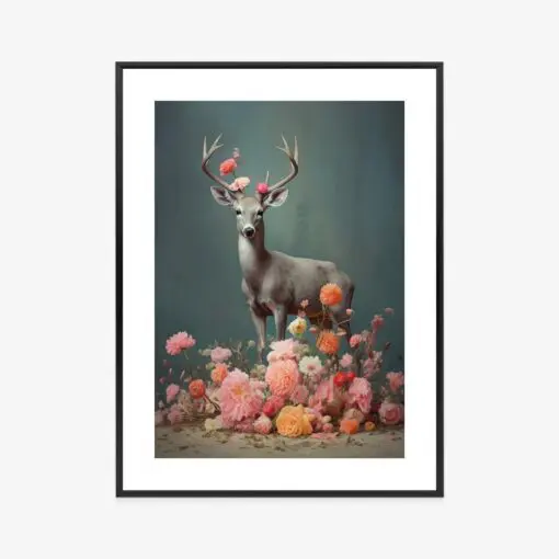 Poster Ein Hirsch Mit Geweih Und Vielen Blumen