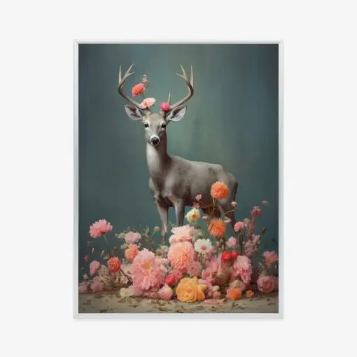 Poster Ein Hirsch Mit Geweih Und Vielen Blumen