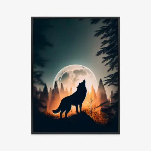 Poster Ein Wolf Heult Auf Einem Felsen Neben Dem Mond