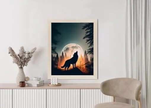 Poster Ein Wolf Heult Auf Einem Felsen Neben Dem Mond