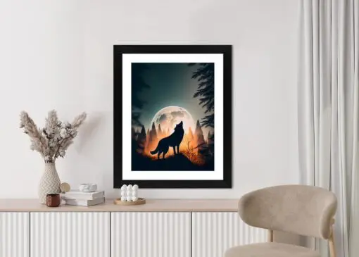 Poster Ein Wolf Heult Auf Einem Felsen Neben Dem Mond