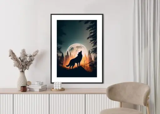 Poster Ein Wolf Heult Auf Einem Felsen Neben Dem Mond