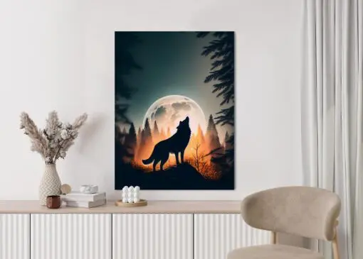 Poster Ein Wolf Heult Auf Einem Felsen Neben Dem Mond