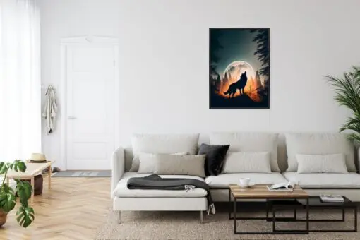Poster Ein Wolf Heult Auf Einem Felsen Neben Dem Mond